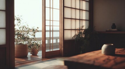 Room with a large sliding glass door that leads to a balcony. the door is made of wood and has a wooden frame. the balcony has a railing and there are potted plants on either side of the door.