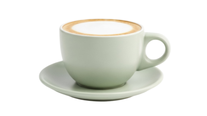 Isolated beverage in ceramic mug with latte art atop light saucer, drink, refreshment