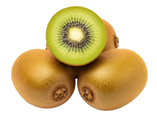 Isolated kiwi fruit arrangement with a cut half sitting on others close to the camera