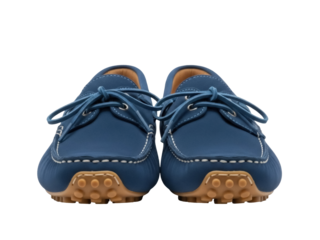 Isolated blue suede moccasins, leather driver shoes with tie laces, driving style and rubber sole