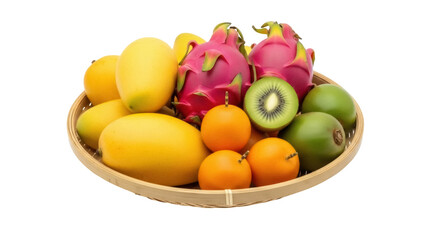 Isolated wicker basket filled with fresh tropical fruit selection still life arrangement