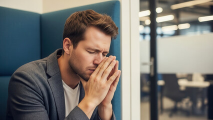 Man closing eyes in office stress in coworking booth, workplace burnout and mental fatigue in modern work environment