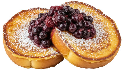 Isolated Stack of delicious French toast topped with berries and powdered sugar for breakfast
