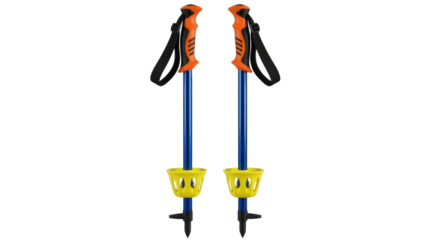 Isolated pair of skiing sticks with orange handle and blue shaft for winter snow sport use
