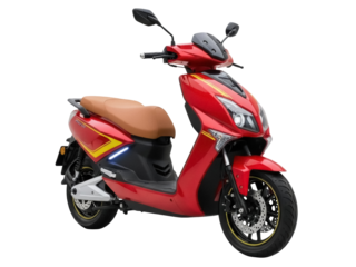 Isolated red electric scooter with brown seat ready for eco friendly urban transport