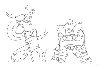 Lion and dragon dances concept one-line drawing