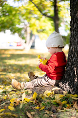Portrait of happy little boy playing by himself in the park. Colorful fall outdoors