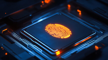 Modern technology showcases a glowing fingerprint sensor on a circuit board in a dark setting