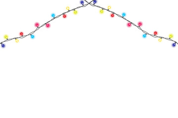 Naklejka premium Vibrant multicolored decorative string lights with glowing bulbs in red, yellow, blue, and pink, arranged in a cheerful arc, ideal for festive celebrations and holidays.