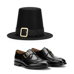Distinguished black pilgrim-style hat and elegant leather dress shoes, presented as classic formal accessories for historical period costumes, themed events, or traditional celebrations