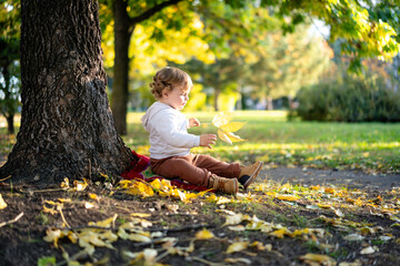 Portrait of happy little boy playing by himself in the park. Colorful fall outdoors