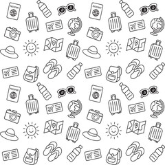 Seamless Travel Essentials Pattern – Hand Drawn Black and White Vacation Doodles