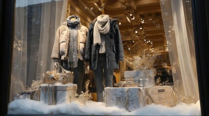Naklejka premium Window display of a clothing store. the window is made of glass and is decorated with white snowflakes and gold accents.
