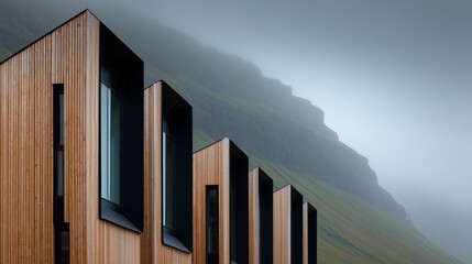 Contemporary building with wooden panels contrasted against a misty mountain backdrop, creating a striking architectural scene.