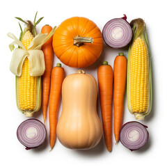 A vibrant arrangement of fresh autumn harvest vegetables including corn, carrots, pumpkin, butternut squash, and red onions on a white background