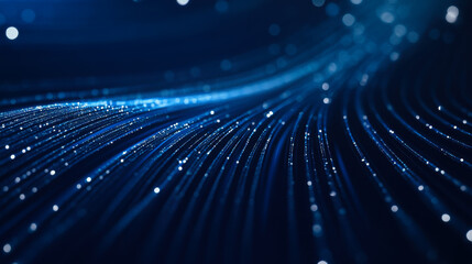 Dynamic blue waves with sparkling lights create a mesmerizing abstract pattern in a digital landscape at night