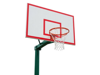 Isolated basketball hoop, red and white backboard, green pole, recreational sporting equipment