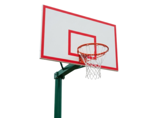 Isolated basketball hoop, red and white backboard, green pole, recreational sporting equipment