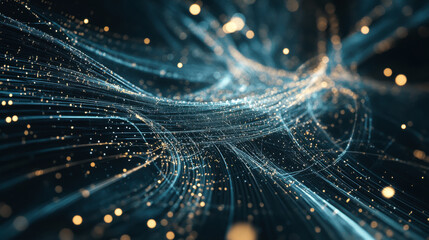 Dynamic visualization of glowing particles and flowing lines in a digital abstract design