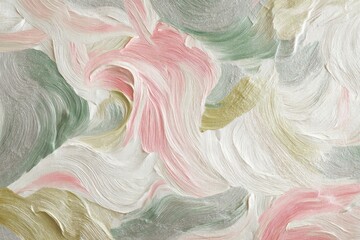 Abstract brushstroke pattern featuring flowing, textured strokes in pastel pinks, greens, and whites