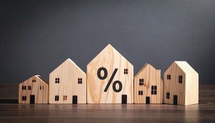 Five wooden house-shaped blocks on wood surface, central larger block with percentage symbol, surrounded by smaller plain blocks, visual metaphor for real estate, mortgage rates, and housing market fo
