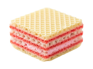 Isolated pink wafer biscuit, delicious square shaped treat with crispy edges and layers inside