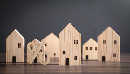 Five wooden house-shaped blocks on wood surface, central larger block with percentage symbol, surrounded by smaller plain blocks, visual metaphor for real estate, mortgage rates, and housing market fo
