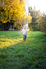 Portrait of happy little boy playing by himself in the park. Colorful fall outdoors