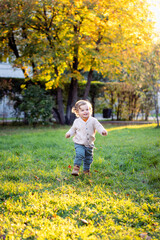 Portrait of happy little boy playing by himself in the park. Colorful fall outdoors