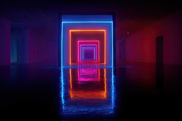Vibrant corridor art installation features concentric glowing neon squares reflecting on a glossy floor