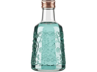 Isolated gin bottle with a flower pattern filled with a transparent blue liquid for advertising