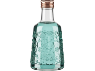 Isolated gin bottle with a flower pattern filled with a transparent blue liquid for advertising