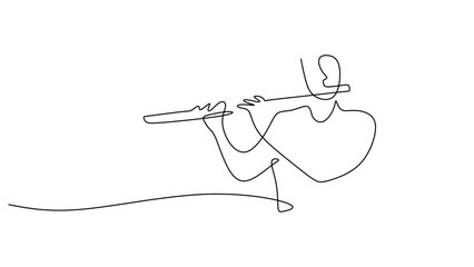 Single Line Drawing of a Musician Playing the Flute © berkahlineart
