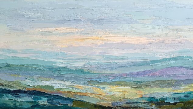 Impasto painting of layered mountains under a sky with subtle light and color gradients