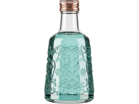 Isolated gin bottle with a flower pattern filled with a transparent blue liquid for advertising - Powered by Adobe