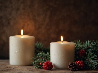 Rustic Christmas candle with pine and berries