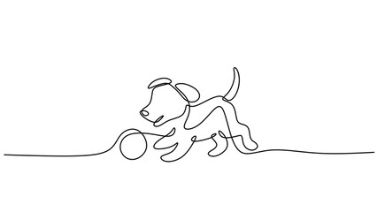 Cute Puppy Dog Playing with a Toy Ball, continuous one line drawing. © berkahlineart