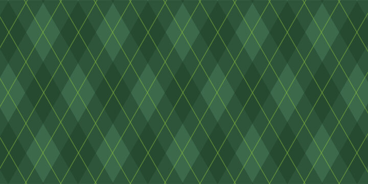 Christmas rhombus seamless pattern. Xmas plaid texture with gold line and stars. Green argyle geometric diamond abstract pattern. Christmas wrapping. Vector illustration isolated on green background.
