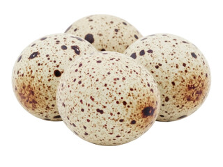 Isolated pile of quail eggs speckled with brown dots, ingredients for healthy diet, food prep