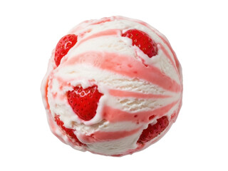Isolated scoop of strawberry ice cream, sweet dessert with pink swirl and fruit pieces.