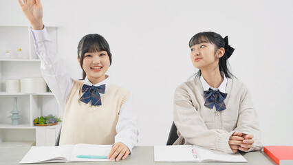 Fototapeta premium 部屋で勉強する二人の女子学生