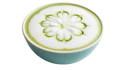 Isolated matcha latte art in pastel blue cup, close up studio shot for menu or social media