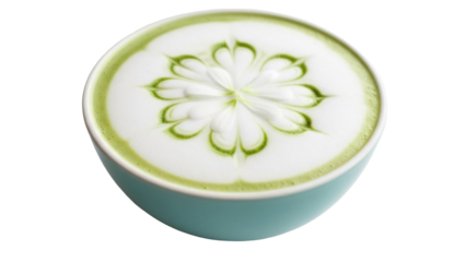 Isolated matcha latte art in pastel blue cup, close up studio shot for menu or social media