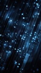 Blue falling digital particles and light lines, matrix data technology abstract background, vertical 9:16 mobile wallpaper background