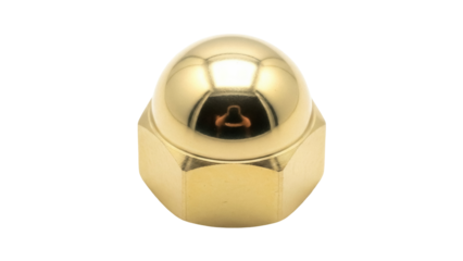 Isolated brass cap nut fastener. A dome nut or acorn nut protects threads and adds a finish