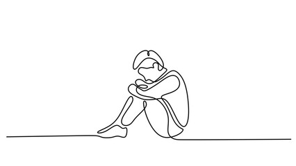 One Line Drawing of a Person Hugging Their Knees in Sadness