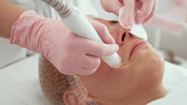 Beautician woman using vacuum facial cleanser at aesthetic center. Patient receiving professional skincare treatment. Device helps remove impurities and enhances skin texture