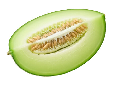 Isolated halved Honeydew melon, Cucumis melo, a fruit with sweet fleshy pale green flesh, edible
