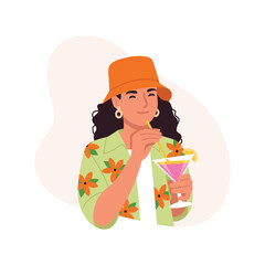 Vector illustration of a happy girl on vacation.Cartoon scene of a girl in a hat, earrings, T-shirt, shirt with a floral print, drinking a tropical cocktail from a straw isolated on white background.