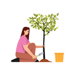 Vector illustration of a girl planting a tree. Cartoon scene of a cute girl planting a tree with green leaves in the ground, holding a shovel, a pot, isolated on white background. Environmental care